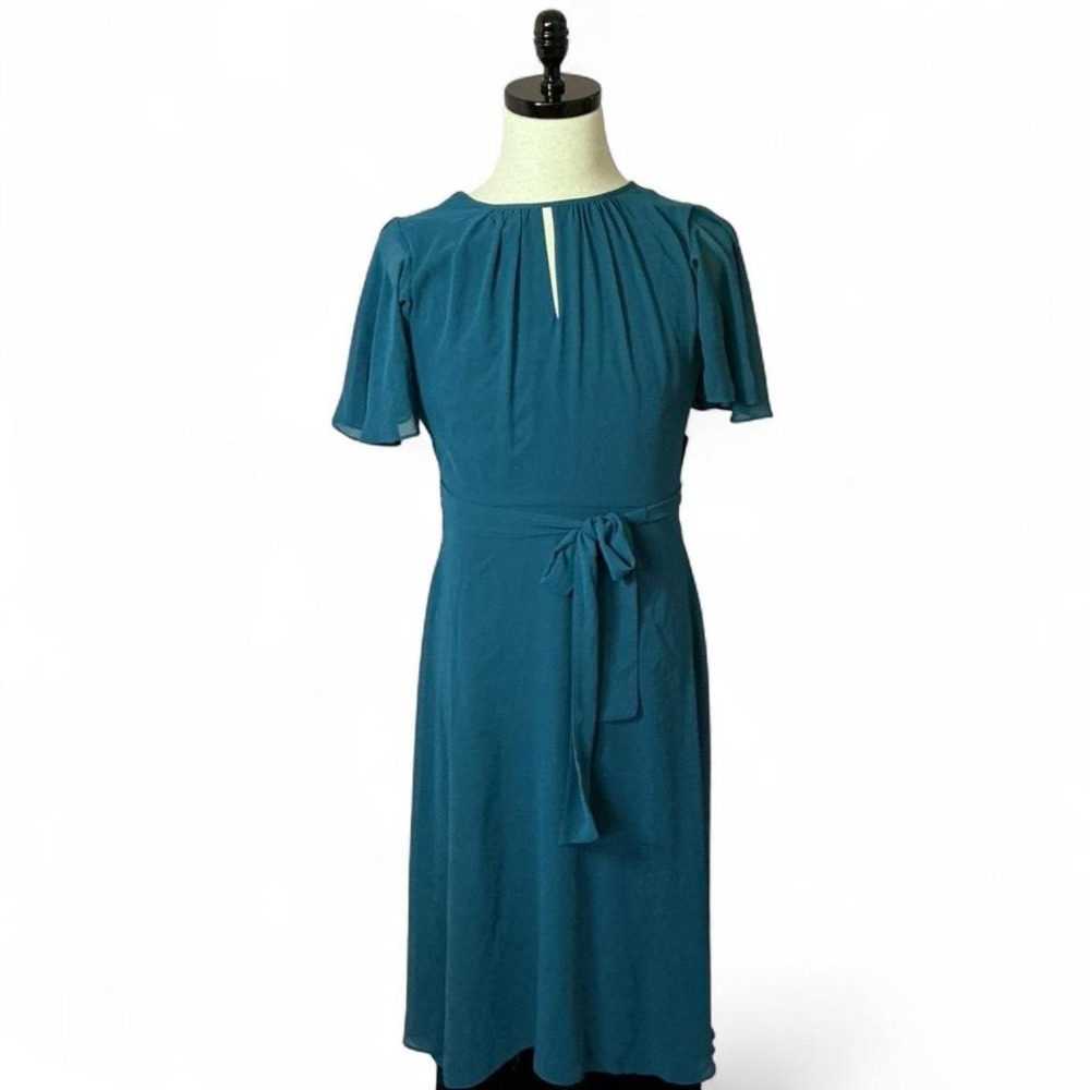 Tahari Arthur S. Levine Open Back Midi Dress Womens 2 Blue Flutter Sleeve